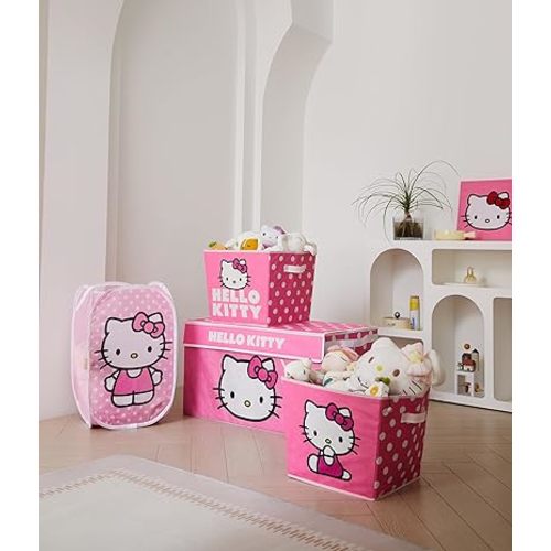 Idea Nuova Hello Kitty 4 Piece Storage Solution Set with Pop Up Hamper, Collapsible Storage Trunk and 2 Nestable Storage Bins