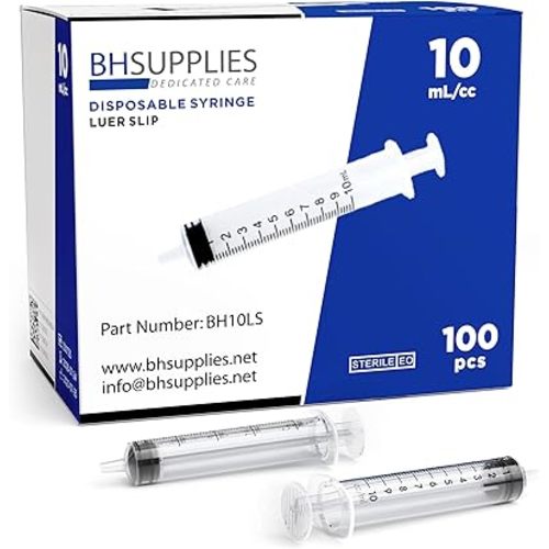 BH Supplies 10ml Luer Slip Tip Syringes (No Needle) - Sterile, Individually Wrapped - 100 Syringes