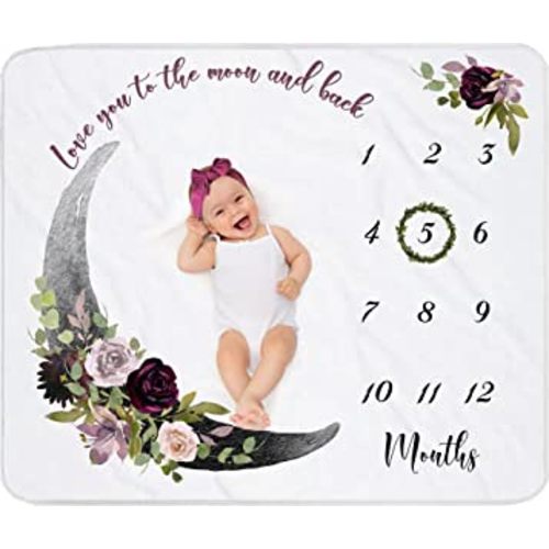 Moon Baby Monthly Milestone Blanket for Girl, Gift for Baby Shower, Baby Photo Blanket for Newborn Picture, Wreath &Headband Included, Soft Flannel Blanket 45''x40''