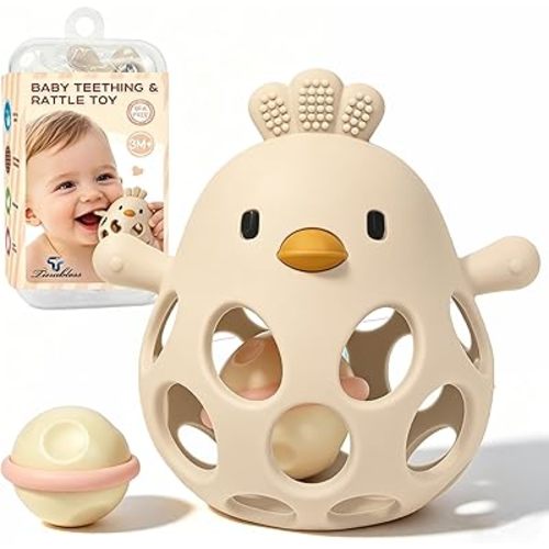 Tinabless 2-in-1 Baby Teether Rattle Toy, Easy Grip Silicone Teething Toy for Babies 3-12 Months, BPA-Free Sensory Chew Toy for Sore Gums, Infant Shower Gift (Beige w/Rattle)