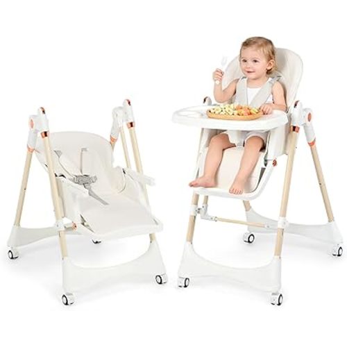 3-in-1 Baby High Chair with Soothing Rocker | Convertible Baby High Chair for Babies and Toddlers | Brake Wheels, Easy Clean, Space Saving | Adjustable, Removable Tray (White)