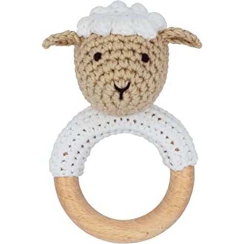 Natural Wooden Baby Rattle Soft Shaker Toy with Teething Ring for Infants Cream Lamb