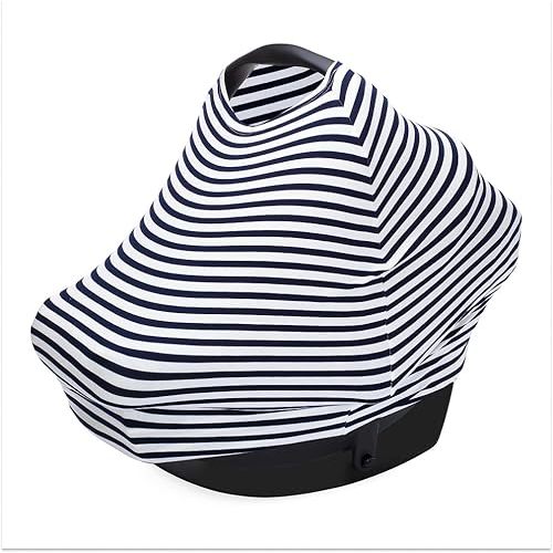 Parker Baby 4 in 1 Car Seat Cover for Boys - Stretchy Carseat Canopy, Nursing Cover, Grocery Cart Cover, High Chair Cover - Navy/White Stripes
