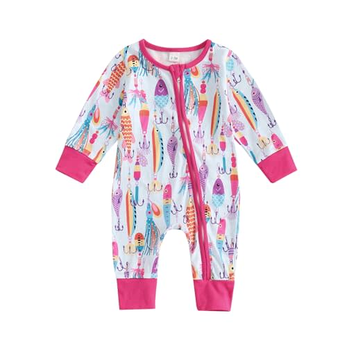 Gaono Newborn Baby Boy Girl Fishing Outfit Long Sleeve Zipper Fish Print Romper Jumpsuit Infant Coming Home Clothes