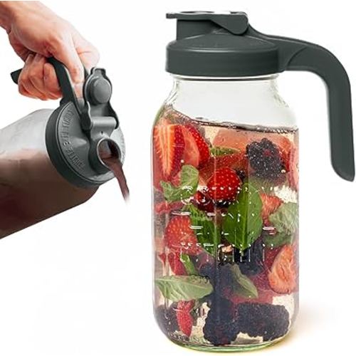 County Line Kitchen Glass Mason Jar Pitcher with Lid - Wide Mouth, 2 Quart (64 oz) - Heavy Duty, Leak Proof - Sun & Iced Tea Dispenser, Cold Brew Coffee, Breast Milk Storage, Water & More - Gray