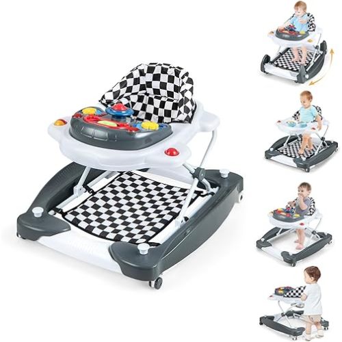 BABY JOY 6-in-1 Baby Walker, Foldable Baby Walker with Wheels, Adjustable Height, Music, Lights, Bouncer & Rocker Mode, Baby Walkers for Boys Girls 6-14 Months (Gray)