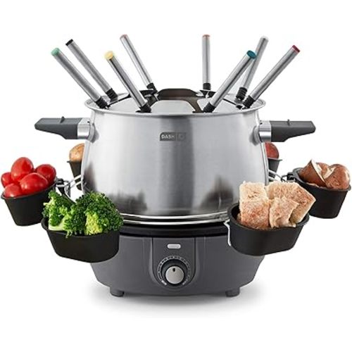Dash Deluxe Stainless Steel Fondue Maker with Temperature Control, Fondue Forks, Cups, and Rack, with Recipe Guide Included, 3-Quart, Non-Stick – Grey