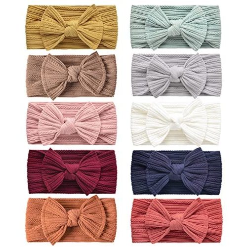 LaPettieCo Handmade Baby Headbands Stretchy Nylon Headband with Bows for Newborn Infant Baby Toddler Girls- Pack of 10