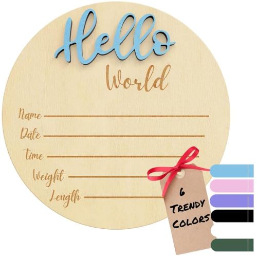 Baby Announcement Sign – 6” Wooden Hello World Newborn Name Sign, Hospital Birth Stat Plaque, Gender-Neutral Welcome Baby Keepsake, Personalized Photo Prop for Boys & Girls, Newborn Gift (Blue)