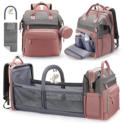 DERSTUEWE Large Capacity Diaper Bag for Moms & Dads – Multifunctional Baby Backpack with Changing Station, Insulated Pockets, USB Charging Port, Waterproof & Stylish,Pink