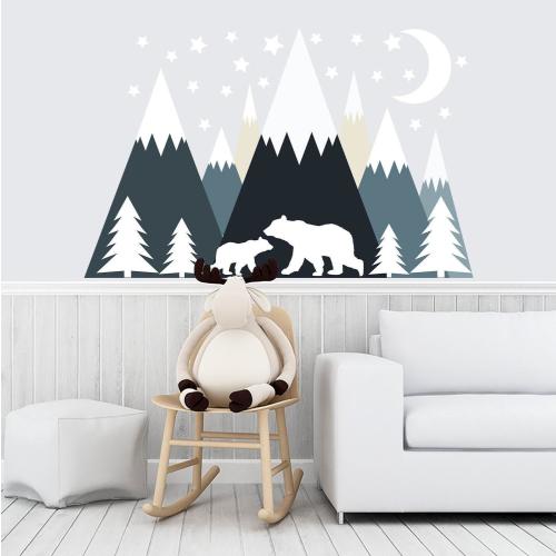 Mountain Wall Decal Nursery - Polar Bear Family Decor - Mountains Sticker Baby Boy Bedroom, Moon Kids Decals, Gift Extra 20 Stars