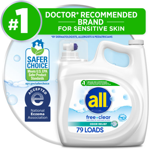all Liquid Laundry Detergent, Free Clear, Odor Relief, 141oz, 79 Loads- Sensitive Skin & Clothes Safe, Unscented