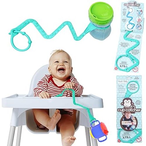 Brilli Baby Cup Catcher - Patented Safety Tether to attach Sippy Cups, Bottles, Toys & Pacifiers to Strollers, High Chairs & Car Seats, Made in USA, Food grade, Dishwasher Safe (Aqua)