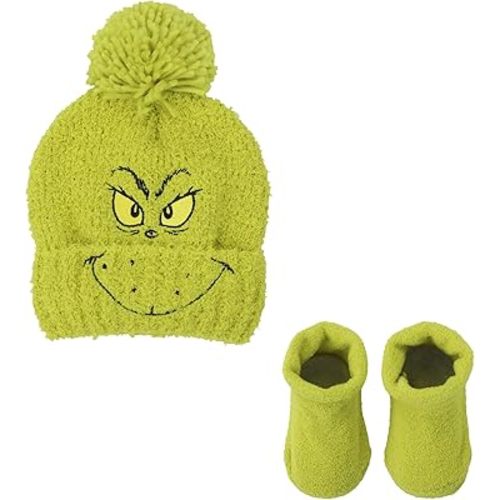 The Grinch Big Face 2-Piece Cuff Beanie & Socks Set for New Born and Infants