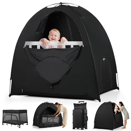 Blackout Tent for Pack and Play, 95% Light Blocking Portable Sleep Pod, Easy Setup No Tools, Pack n Play Cover Fits Standard Playards, Travel Canopy with Monitor Pouch, Black 53"x37"x55"