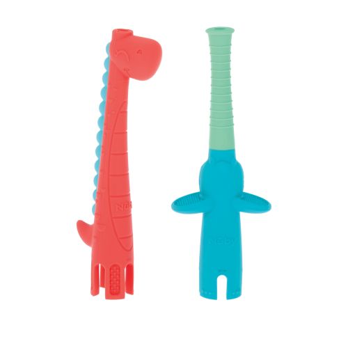 Nuby Sensory Silicone Tube Baby Teether, Elephant and Dinosaur, 2 Pack