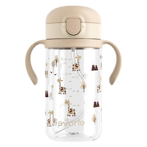 Evorie Tritan Spill Proof Toddler Straw Sippy Cup, 10 oz for Baby and Toddlers 1-3 Years Old, No Spill Straw Water Bottle with Removable Handles, Ideal for School, BPA-Free, Giraffe (NEW)