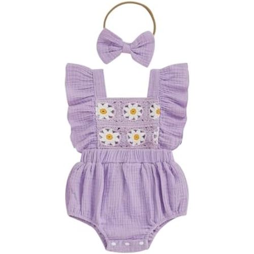Newborn 3 6 9 12 18 Months Baby Girl Romper Boho Summer Clothes Crochet Flower Onesie Fly Sleeve Bodysuit Infant Outfit