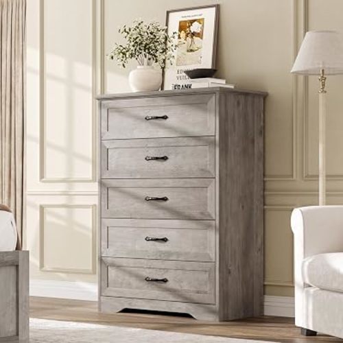 Garvee Farmhouse Wood 43.9" Tall 5 Drawer Dresser for Bedroom, Grey