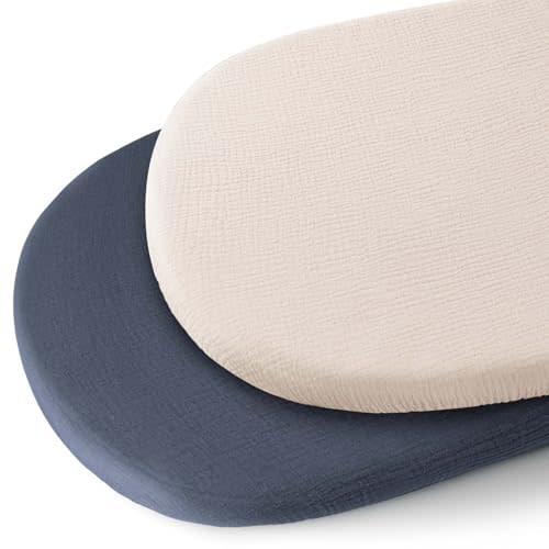Konssy 2 Pack Muslin Bassinet Sheets for Baby Boy, 100% Cotton Soft Breathable Bassinet Mattress Sheets Fit for Hourglass Oval Cradle Rectangle Mattress (Navy,Cream)