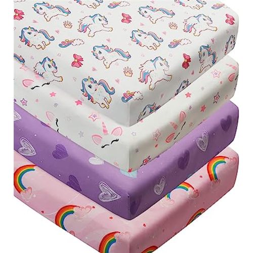 4 Pack Soft Baby Girl Crib Sheets for Standard Crib Mattress Unicron Rainbow Heart Cute Neutral Polyester Unisex Fitted Crib Sheets Set for Baby Girls