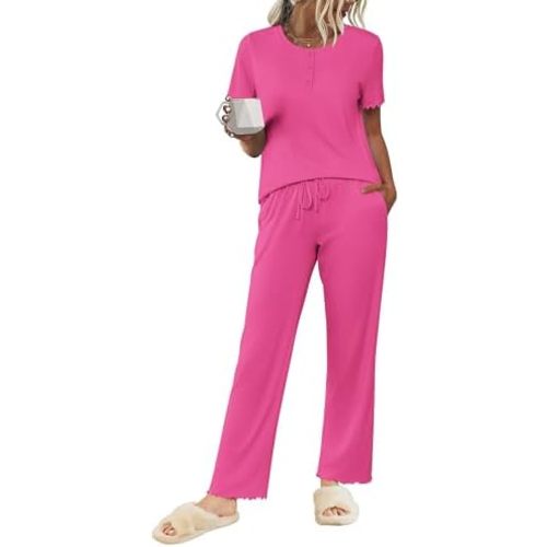 Ekouaer Pajama Sets for Women 2 Piece Short Sleeve Loungewear Button Down Pj Set Soft Sleepwear with Pockets