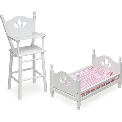 Badger Basket Doll High Chair and Bed Set - Classic Wooden Furniture for 18 Inch Dolls with Chevron Bedding, Spindle Styling, Fixed Tray and Pillow Accessories - White and Pink