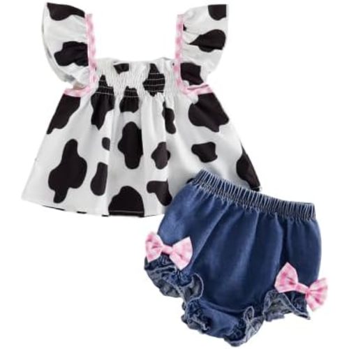 Western Baby Girl Clothes Cow Print Smocked Ruffle Crop Top Shorts Set Infant Cowgirl Outfit Toddler Summer Clothes