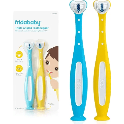 Frida Baby Triple-Angle Toothhugger Training Toddler Toothbrush | Toddler Toothbrush 2 Years and Up, Cleans All Sides at Once | 2 Pack (Yellow + Blue)