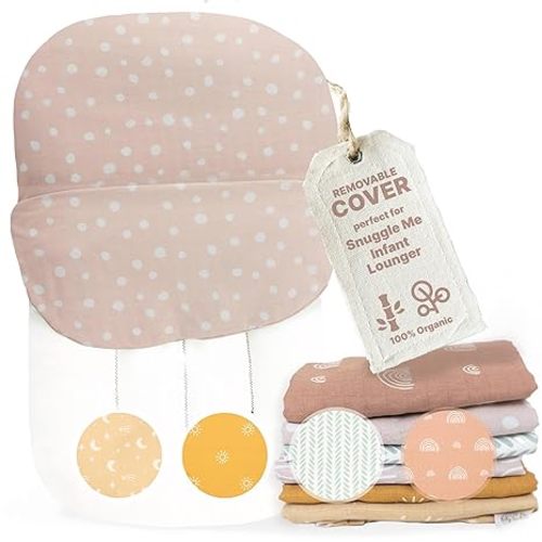 Newborn Lounger Cover for Snuggle Me Organic | 100% Organic Muslin Cotton and Rayon Blend | Envelope Style Fit | Replacement SlipCover Only (Pink, Dots)