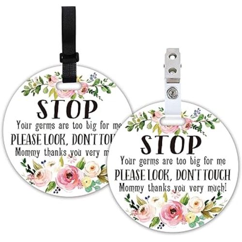 Do Not Touch Baby Signs, 2 Pack Greenery Stop No Touching Baby Car Seat Sign or Stroller Tag, Baby Car Safety Signs Tags for Newborn Baby Stroller Backpack. (5 Inches)