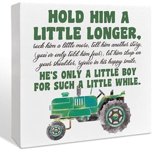 Nursery Boys Room Wooden Box Sign - Hold Him A Little Longer, Inspirational Baby Bedroom Desk Decor, Motivational Kids Room Playroom Decoration, Nursery