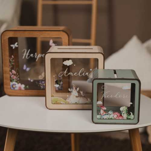 Personalized Large Wooden Piggy Bank for Kids, Custom Name Gift for Toddler, Acrylic Glass Coin Bank, Unique Birthday Gift for Kid