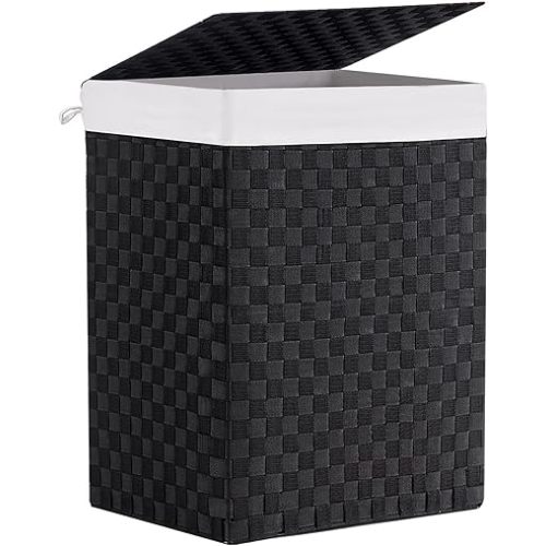 Handwoven Laundry Basket Hamper with Removable Liner Bag and Lid, Collapsible Clothes Hamper with Handle, Black