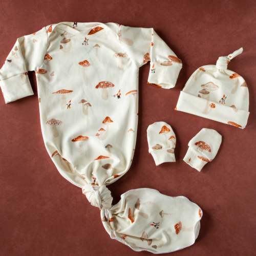 Mushroom Baby Knotted Gown and Hat Set