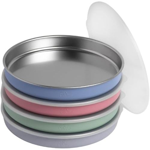 Elk and Friends 7.8” Stainless Steel Non Divided Plates with Silicone Sleeve + Storage Lid | Baby, Toddler, Kids | Dishwasher Safe | Dinner & Snack Plates | 4 Pack