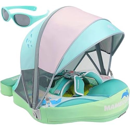 Mambobaby Float with Canopy and Tail New Upgraded Non-Inflatable Baby Pool Float Mambo Float Swim Trainer Solid Infant Swim Float Adjustable Pearl Foam Baby Swim Ring