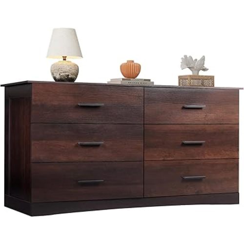 WLIVE Wood Dresser for Bedroom, Wide Chest of Drawers with 6 Drawers, Large Brown Storage Tower Unit, Modern Minimalist Closet Store Organizer for Living Room, Hallway