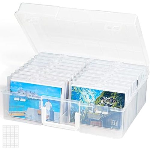 Lifewit Photo Storage Box 4x6 Photo Case, 18 Inner Photo Keeper, Clear Photo Boxes Storage with 1 Sheet Label Sticker, Seed Organizer Craft Storage Box for Cards Pictures Stamps Office Supplies