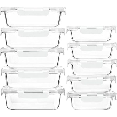 [10-Pack]Glass Meal Prep Containers with Lids, MCIRCO Glass Food Storage Containers with Snap Locking Lids, Airtight Lunch Containers, Microwave, Oven, Freezer and Dishwasher, White