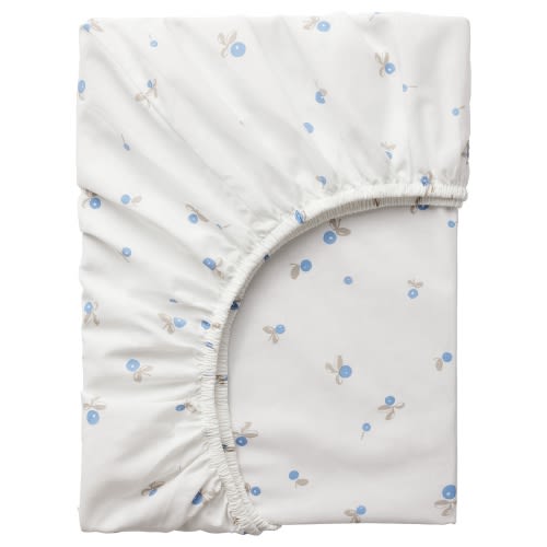 RÖDHAKE Crib fitted sheet - white/blueberry patterned 70x132 cm (28x52 ")