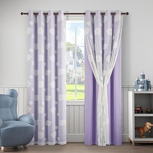 Purple Blackout Clouds Curtains with Sheer Overlay Double Layer Cute Curtains for Kids Room Grommet Privacy Room Darkening Panels for Bedroom Living Room, 2 Panels Each 52 x 84 Inch