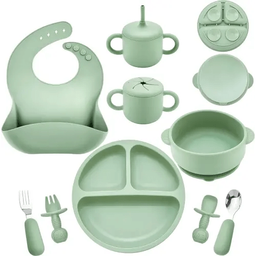 Silicone Baby Feeding Set, Baby Led Weaning Supplies, Eating Essentials Utensils with Suction Plate and Bowl, Pocket Bib, Sippy Cup with Lid, Forks Spoons Snack Container, for 6+ Months, Green