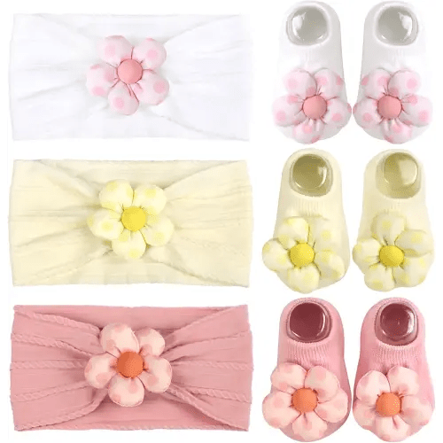 Baby Girls Headbands and Socks Newborn Flower Hairbands Non-Slip Grips Socks Nylon Hair Accessories Infants and Toddlers (Pink, 6-12 Months)