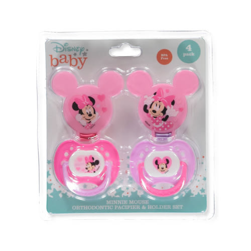 Disney Baby Girls' 4-Pack Minnie Mouse Pacifier & Holder Set - Fuchsia, One Size