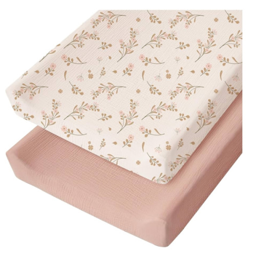 Konssy Muslin Changing Pad Cover for Baby Girls Boys, 100% Cotton Fitted Diaper Chang Table Covers, Soft Breathable Changing Pad Sheets, 2 Pack (Floral,Pink)