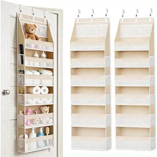KMSCO Over The Door Organizer, 6 Large Pockets + 13 Mesh Side Pockets, Hanging Storage, 55lbs Capacity, Heavy Duty Non-Woven Fabric for Baby Nursery, Bathroom, Pantry, Closet, Beige, 2 Pack