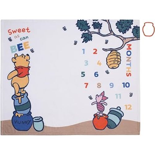 NOJO Disney Winnie The Pooh White, Blue, and Yellow Sweet As Can Bee Super Soft Photo Op Milestone Baby Blanket