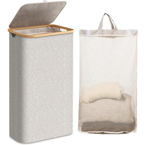 Laundry Hamper with Lid, 60L Slim Laundry Basket with Bamboo Handles and Removable Inner Bag, Collapsible Dirty Clothes Hamper Laundry Bin for Bathroom, Bedroom, Dorm Laundry Room(Light Grey)