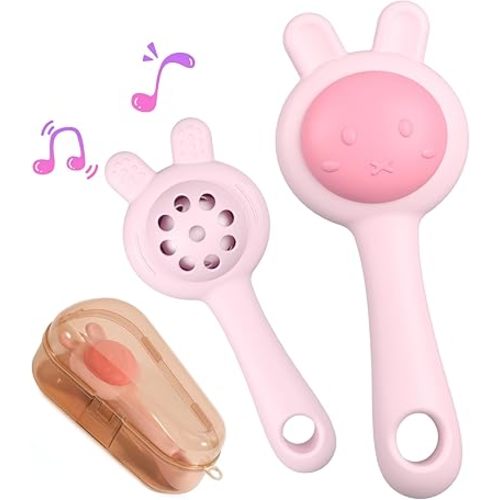 Textured Silicone Teething Toys for Baby, 2 in 1 Rattle and Teether Toy, Sensory Exploration and Teething Relief, Easy to Hold Handles, 0+ Months (Pink)